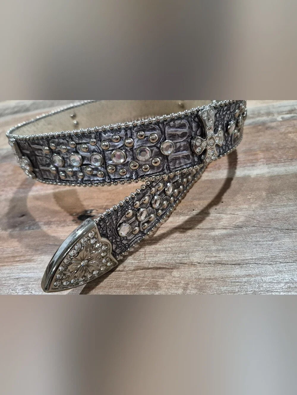 Y2K Vintage Leather Rhinestone Cross Belt - Silver Crystal Buckle S/M Western Co